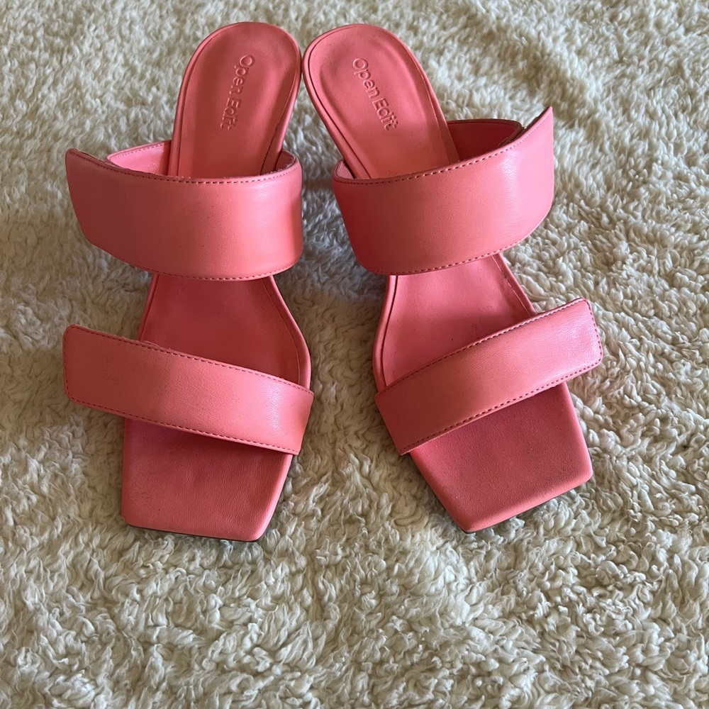 Open Edit Salmon Sandal with short heel Square top.  Size 8 adjustable strap.